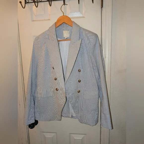 Joie White/Blue Striped Seersucker Blazer - Picture 3 of 5